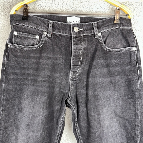 Ganni Jeans Mens 31x32 Black Wash Button Fly Whiskering Straight Leg Split Hem - Picture 6 of 15